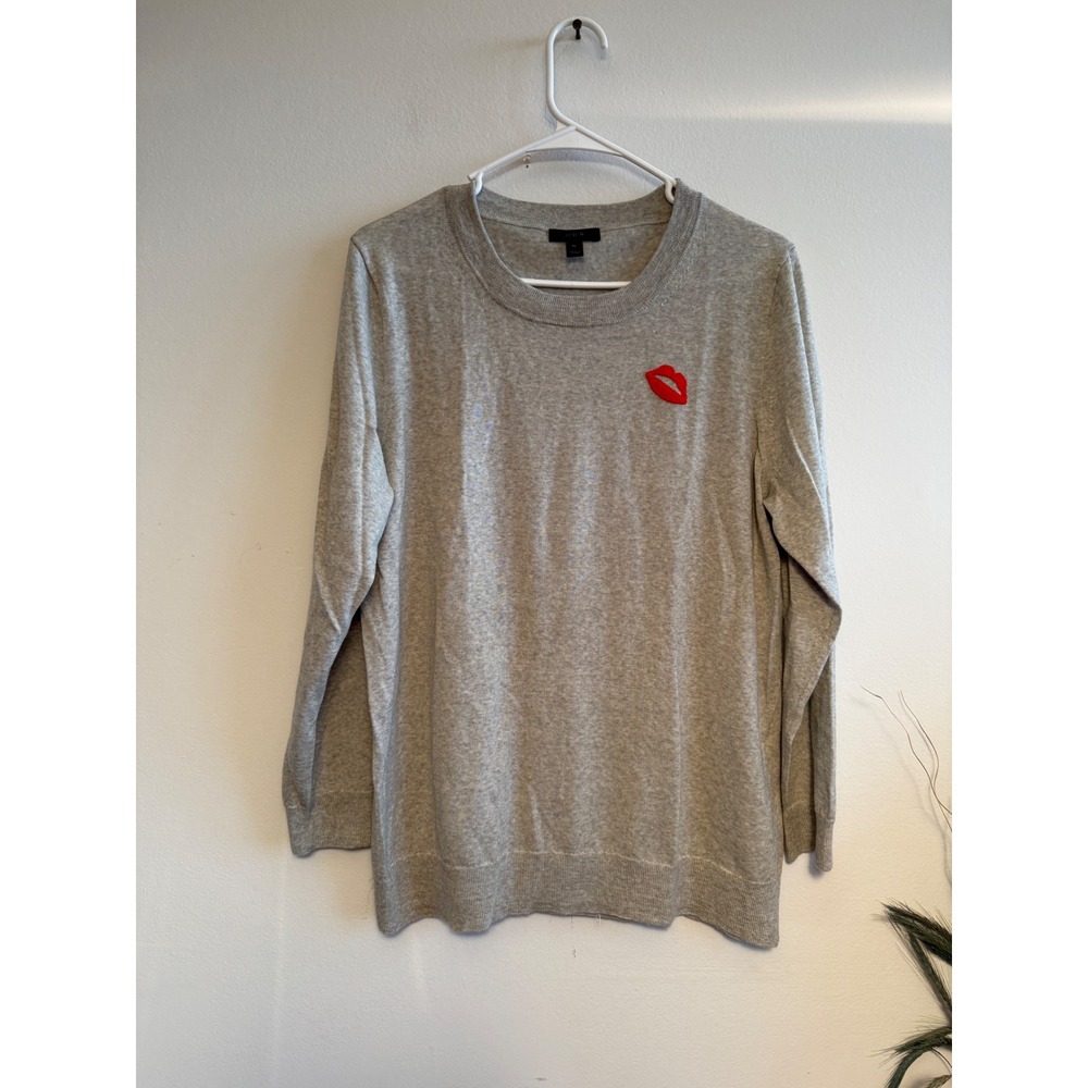 J.Crew Womens XL Merino Wool Sweater Gray Embroidered Red Lips Long Sleeve Knit